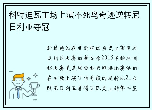 科特迪瓦主场上演不死鸟奇迹逆转尼日利亚夺冠